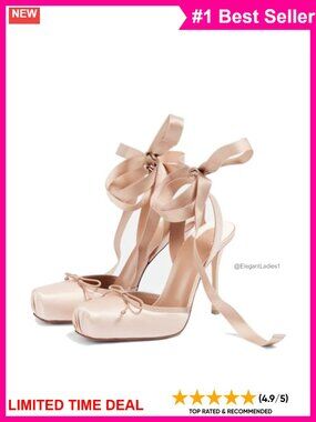 Satin Ballet Slingback High Heels with Bows Closed Square Toe Lace-Up Stiletto